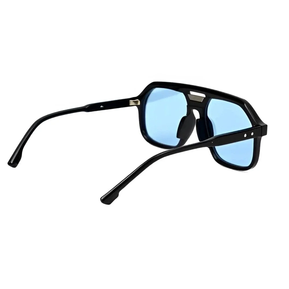 Black Oversize Square Aviator Sunglasses Blue Tinted Lens Flat Top Double Bridge